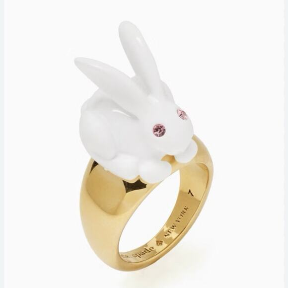 Kate Spade Forest Party White Bunny Rabbit Ring Yellow Gold Pink Crystals Sz 5 - Picture 1 of 4